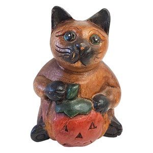 Mid-Century Modern Hand Carved Wooden Cat Statue Blue-Eyed Siamese With Pumpkin